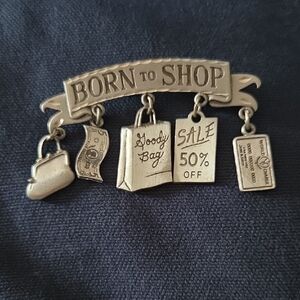 Vintage 1990's JJ Collectible 'Born to Shop' Pewter Brooch w 5 Dangling Charms